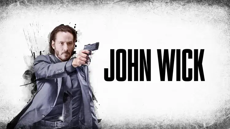Filmplakat „John Wick“ mit Keanu Reeves im Anzug, die eine Pistole hält, und großem Titel rechts auf hellem Hintergrund.