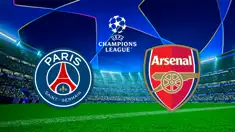Teamlogos von Paris St. Germain und Arsenal vor Stadionhintergrund mit UEFA Champions League Logo mittig.