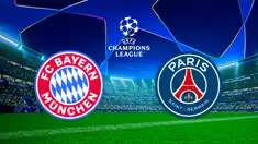 Teamlogos von FC Bayern und Paris Saint-Germain vor dynamischen mit Stadionhintergrund mit UEFA Champions League-Logo.