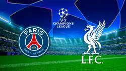 Teamlogos von Paris Saint-Germain und FC Liverpool vor Stadionhintergrund mit UEFA Champions League Logo.