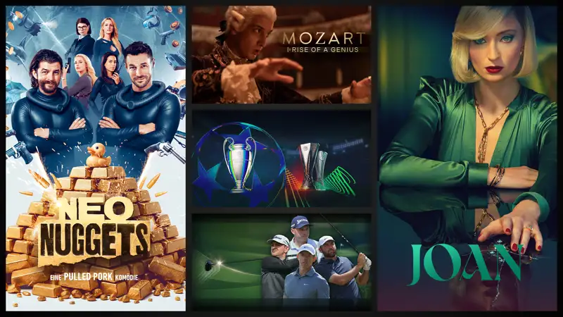 Collage mit Neo Nuggets, Mozart‚ Golf, Joan und UEFA Klubwettbererben