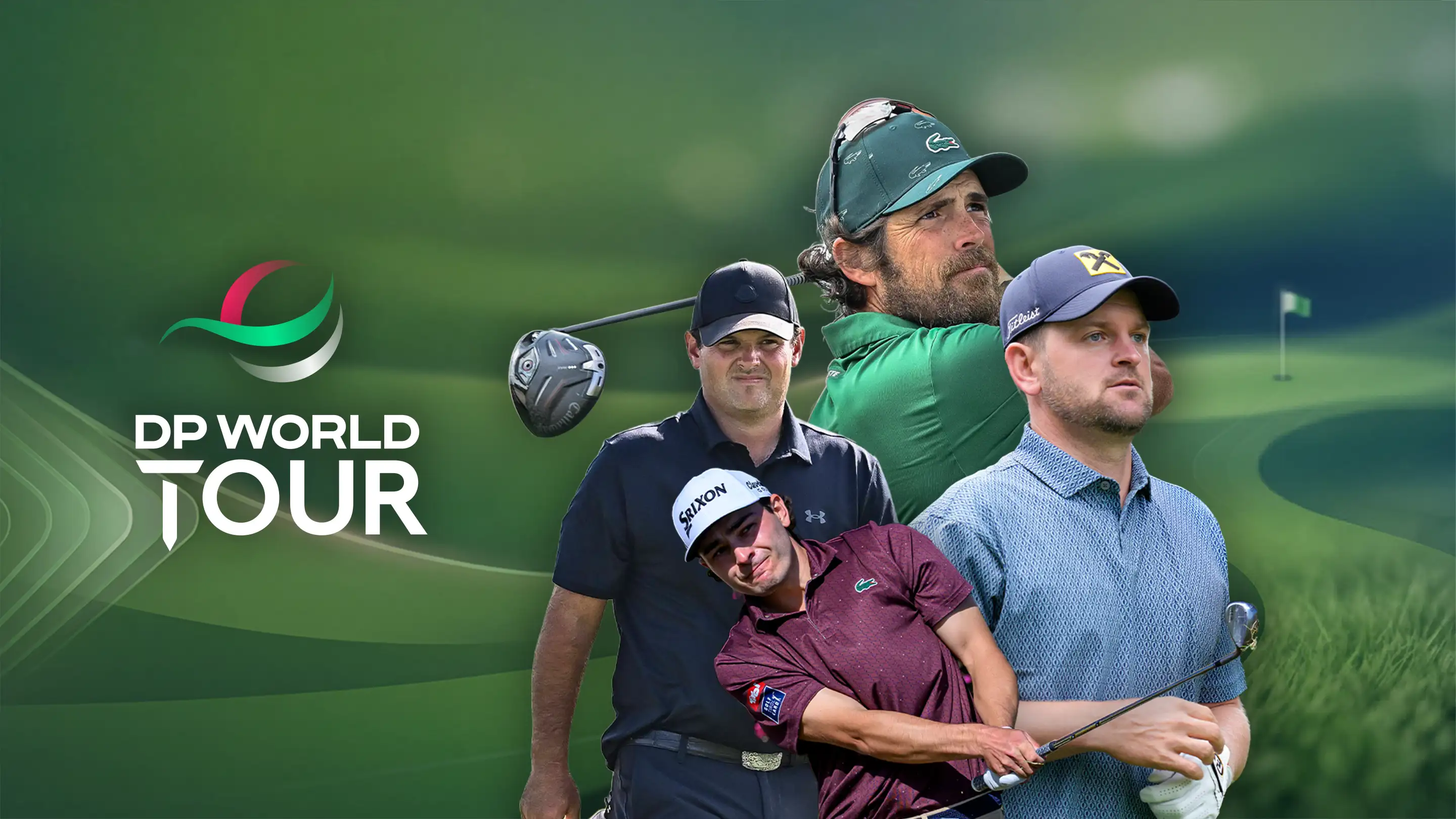 Vier Golfspielere mit Schlägern vor einem grünen Golfplatz‑Hintergrund, daneben der Schriftzug 