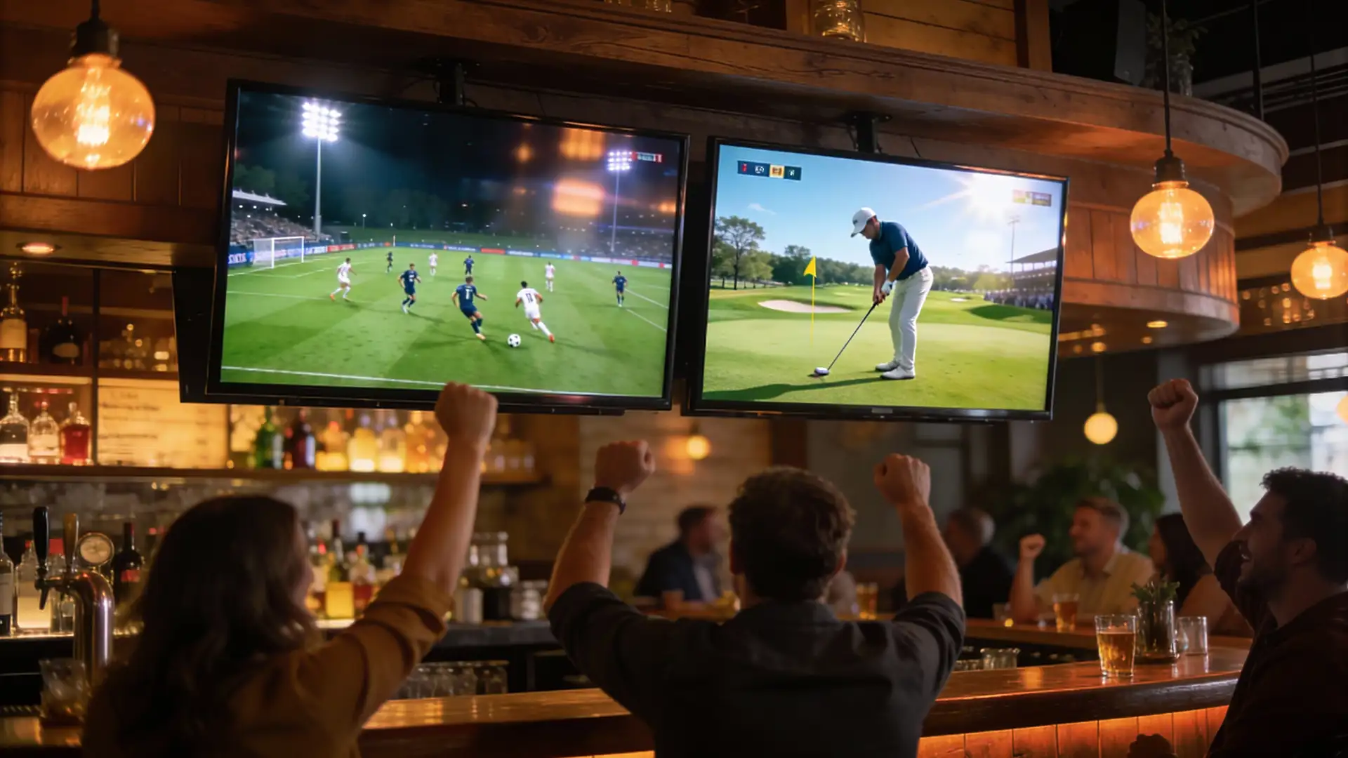 Gäste in einer warm beleuchteten Sportsbar jubeln mit erhobenen Fäusten, während zwei große TVs gleichzeitig Fußball und Golf zeigen.