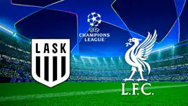 UEFA-Europa-League-Grafik mit den Vereinslogos von LASK und Liverpool vor Champions  League Hintergrund.