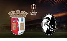 Teamlogos von SC Braga und SC Freiburg vor dynamischen mit UEFA Europa League Hintergrund mit UEL-Logo.