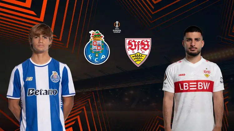 Zwei Fußballspieler von FC Porto und VfB Stuttgart vor dynamischen mit UEL Logo.