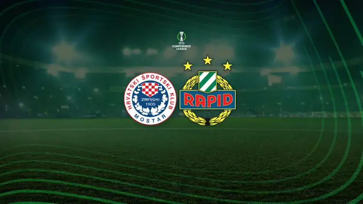 UEFA Conference League Matchbanner Zrinjski Mostar gegen SK Rapid mit UECL Logo mittig.
