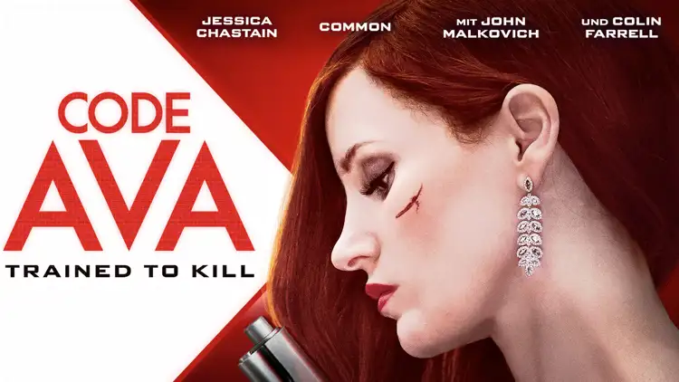 Filmplakat „Code Ava“ mit Person im Profil und Titel links auf rotem Hintergrund.