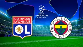 UEFA-Champions-League-Grafik mit den Vereinslogos von Lyon und Fenerbahce vor einem Flutlichtstadion.