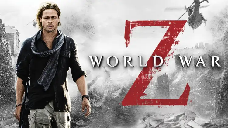 Filmplakat „World War Z“ mit Brad Pitt in einem dunklen Hemd mit grauen Jeans und dunkelblauen Schal, Titel rechts auf grauen Hintergrund mit einem Helikopter dahinter.