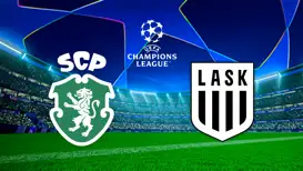 UEFA-Champions-League-Grafik mit den Vereinslogos von Sporting Lissabon und LASK vor Stadionhintergrund.