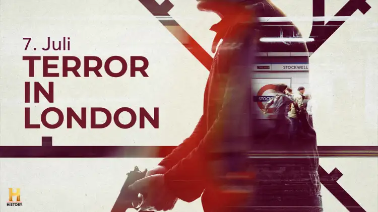 Plakat „7. Juli Terror in London“, der Titel ist links zu sehen, im Hintergrund sieht man einen Polizisten mit gezückter Waffe vor einem Motiv eines Londoner U-Bahn plans stehen.