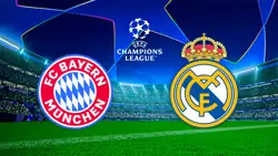 Teamlogos von FC Bayern und Real Madrid vor Stadionhintergrund mit UEFA Champions League Logo.