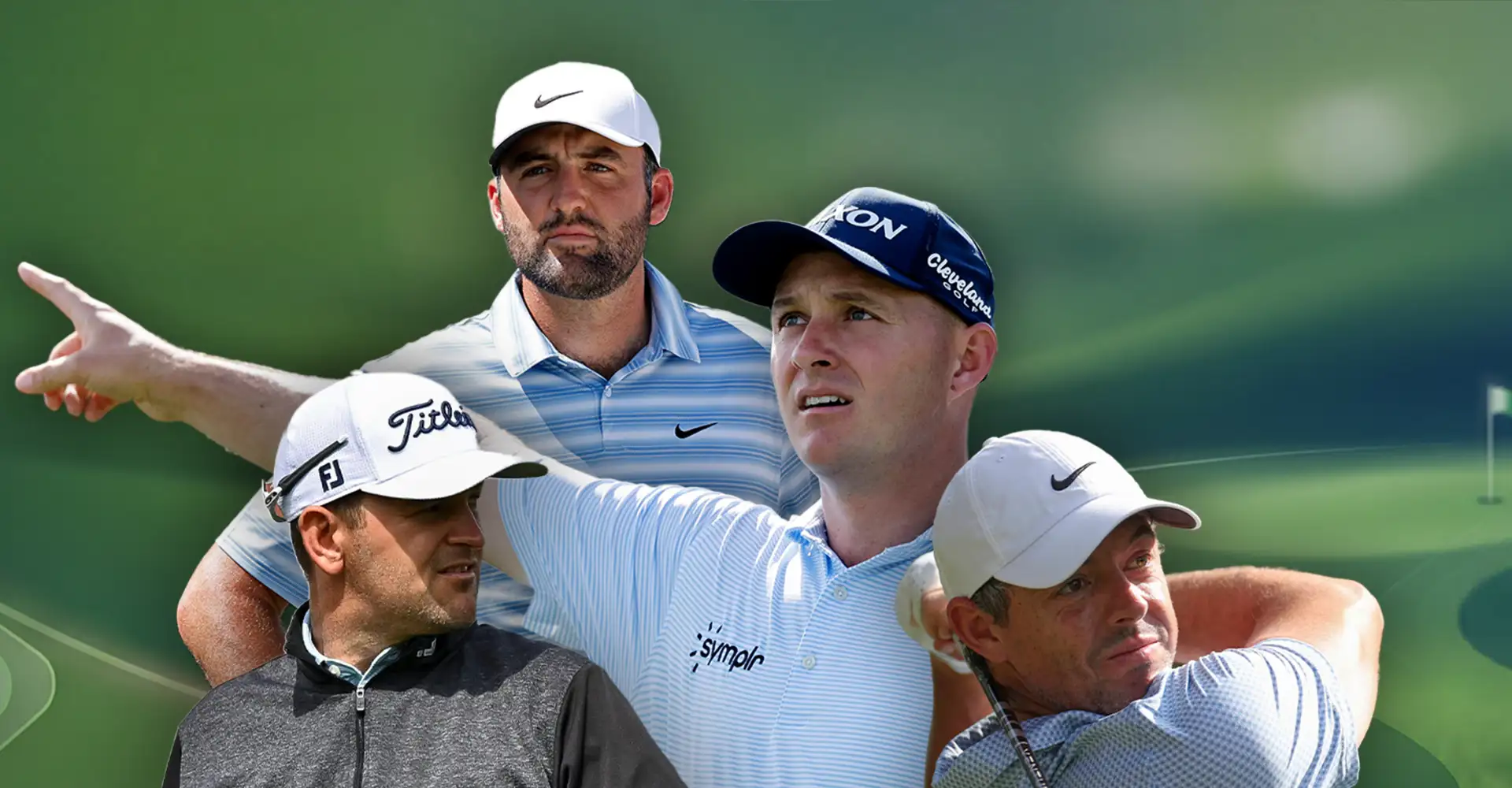 Golf auf CANAL+: Collage mit mehreren Profigolfern vor grünem Golfplatz-Hintergrund.