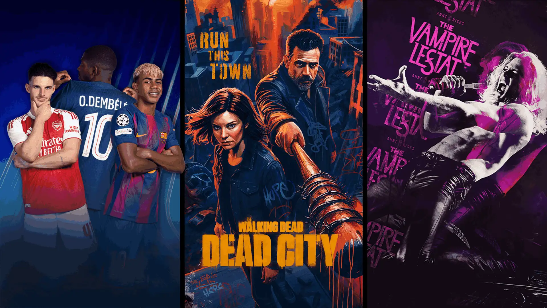 Fußballspieler in Vereins-Trikots, Poster zu The Walking Dead: Dead City mit bewaffneten Figuren und Motiv zu Interview with the Vampire mit einem Rockmusiker auf violettem Hintergrund.