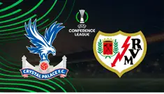 Teamlogos von Crystal Palace und Rayo Vallecano vor dynamischen mit UCEL mit UEFA Conference League Logo mittig.