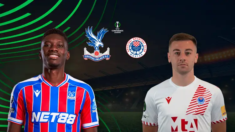 Zwei Fußballspieler von Crystal Palace und Zrinskij Mostar vor Stadionhintergrund mit UECL Logo.