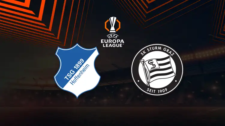 UEFA-Europa-League-Grafik mit den Vereinslogos von Hoffenheim 1899 und SK Sturm Graz vor einem Flutlichtstadion.