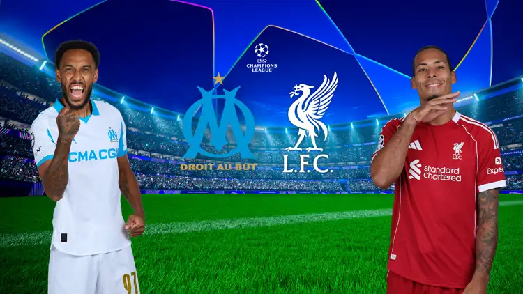 UEFA Champions League Matchbanner Marseille vs Liverpool mit UCL Logo mittig.