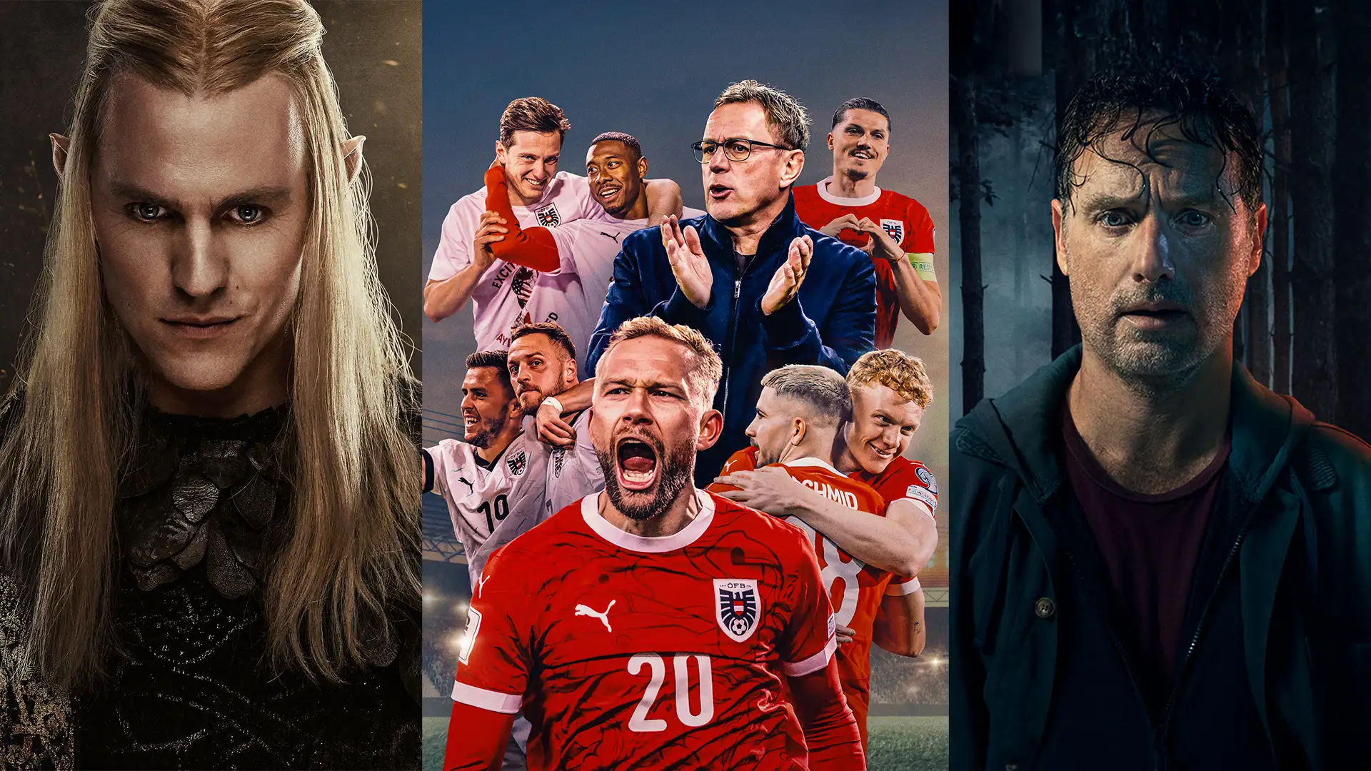 3 Bilder nebeneinander: Ein blonder Elb aus Rings of Power Staffel 2, das ÖFB Team in Teamgeist-Unser Weg und Andrew Lincoln in Coldwater.