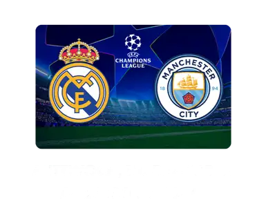 UEFA Champions Leauge Matchbanner Real Madrid gegen Manchester City mit Teamlogos vor Stadionhintergrund.