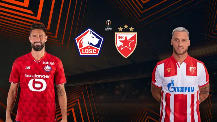 Zwei Fußballspieler des Lille LOSC und Roter Stern Belgrad vor dynamischem Hintergrund mit UEL Logo.