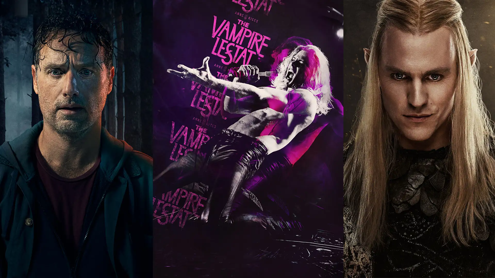 Drei nebeneinanderstehende Bilder: links eine Person im dunklen Licht, mittig ein pinkes „Vampire Lestat“-Poster, rechts eine Person mit langen hellen Haaren in schwarzer Kleidung.