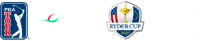 Logos der DP World Tour, Ryder Cup 2027, PGA Tour und Presidents Cup nebeneinander.