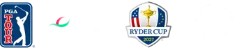 Logos der DP World Tour, Ryder Cup 2027, PGA Tour und Presidents Cup nebeneinander.