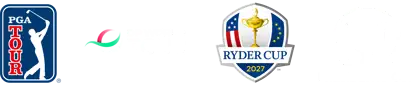 Logos der wichtigsten Golf Turniere: DP World Tour, Ryder Cup 2027, PGA Tour und Presidents Cup nebeneinander.