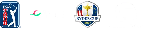 Logos der DP World Tour, Ryder Cup 2027, PGA Tour und Presidents Cup nebeneinander.