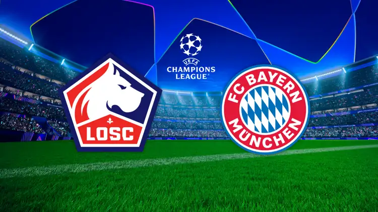 UEFA-Champions-League-Grafik mit den Vereinslogos von LOSC Lille und Bayern München vor einem Flutlichtstadion.