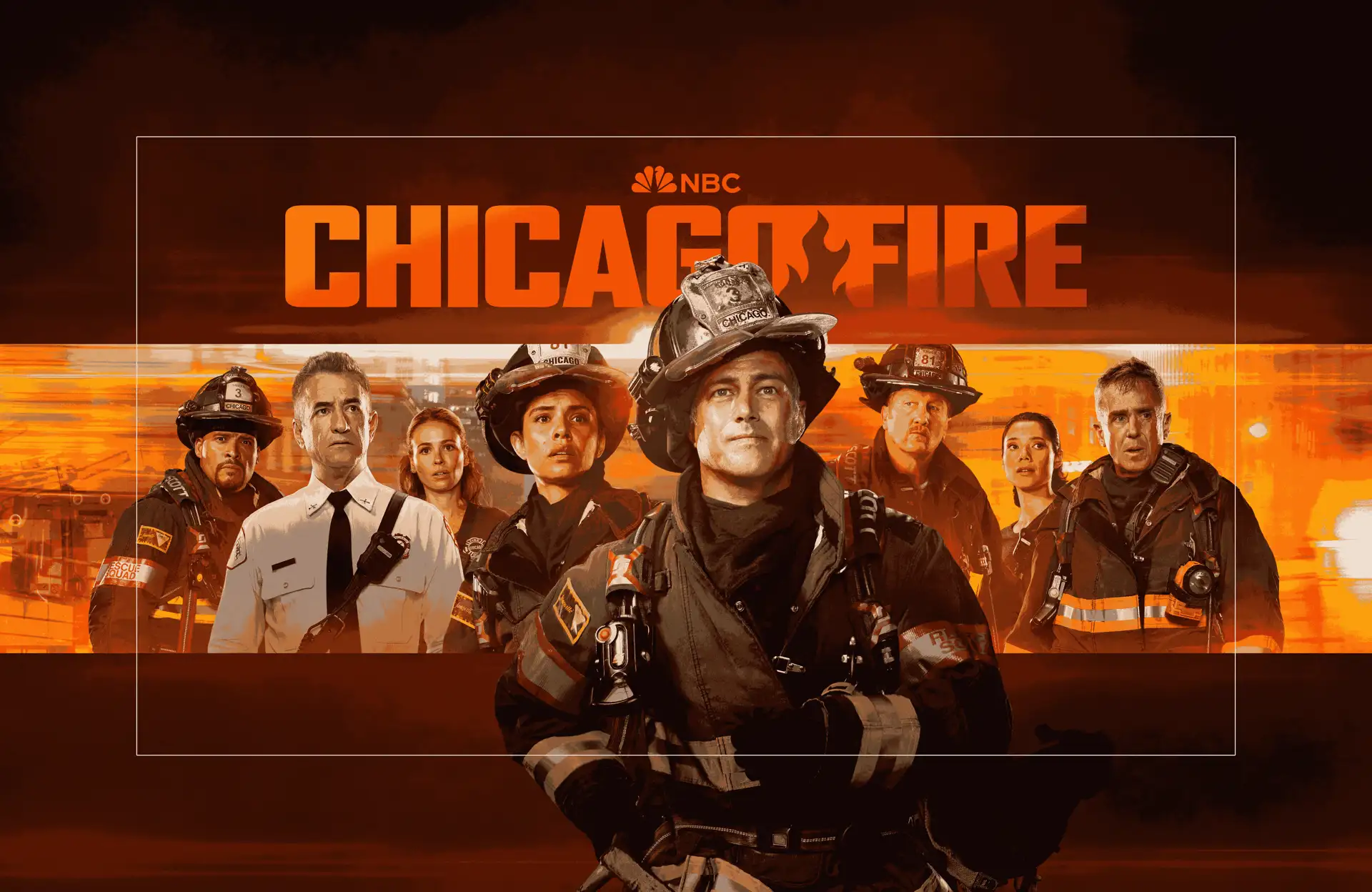 „Chicago Fire“ Keyart mit Feuerwehrteam vor flammendem orangefarbenem Hintergrund.