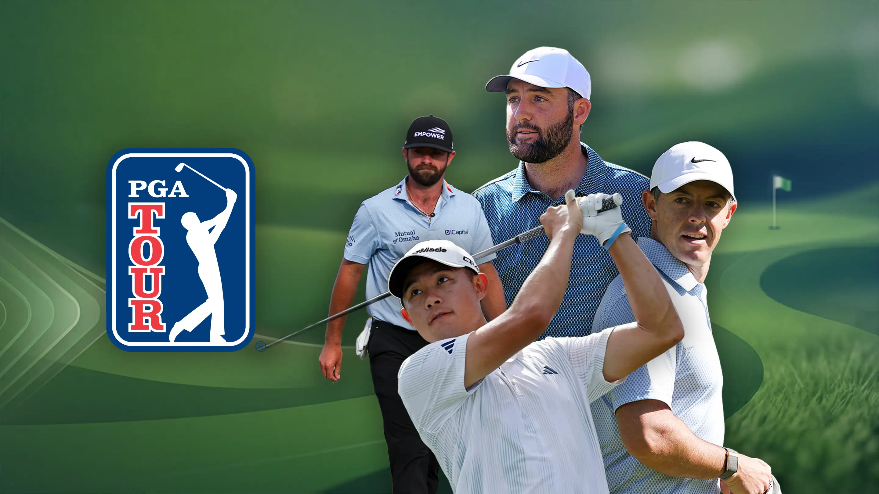 Bekannte Golfspieler auf einem Golfplatz mit PGA TOUR Logo links.