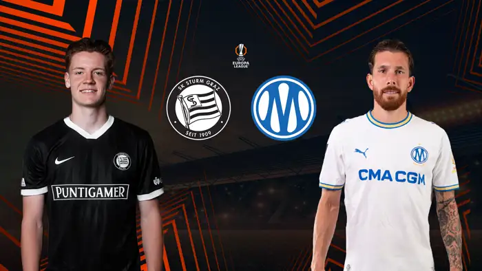 UEFA Europa League Grafik mit den Spielern von SK Sturm Graz und Olympique Marseille vor UEL-Hintergrund.