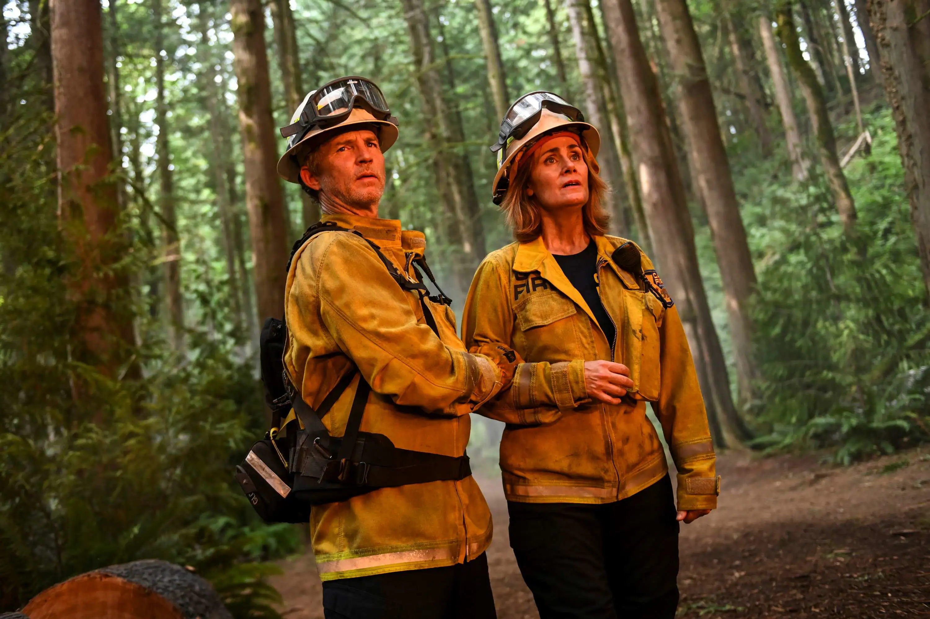 Szene aus Fire Country: Feuerwehrleute betrachten Feuer.
