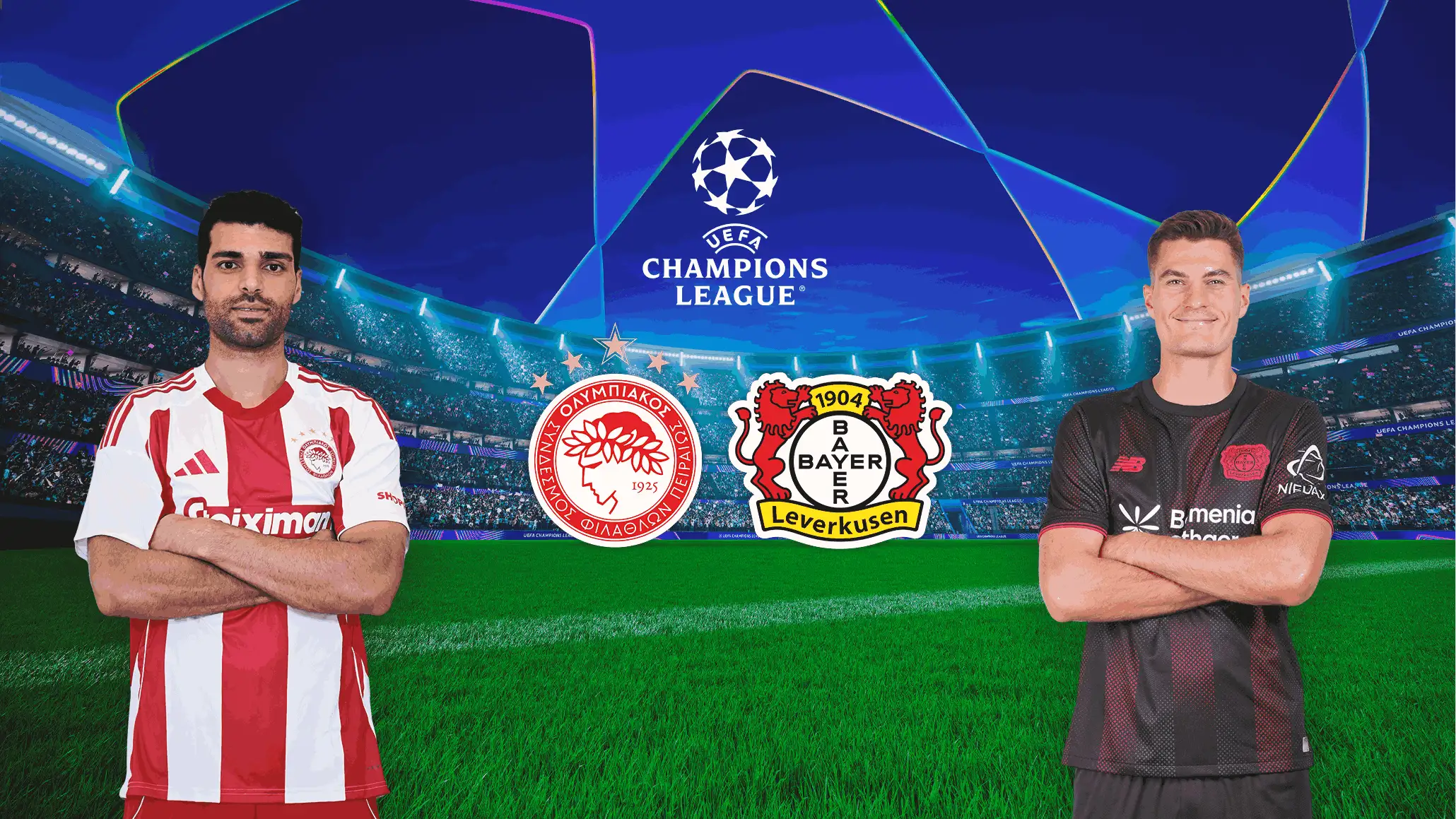 Champions-League-Duell zwischen Olympiacos FC und Bayer Leverkusen im Stadion.