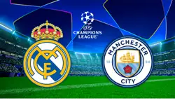 UEFA Champions League Matchbanner Real Madrid und Manchester City vor Stadionhintergrund mit UCL Logo mittig.