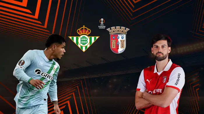 Real Betis gegen Braga in der UEFA Europa League: Spieler beider Teams vor UEL-Hintergrund mit Teamlogos.