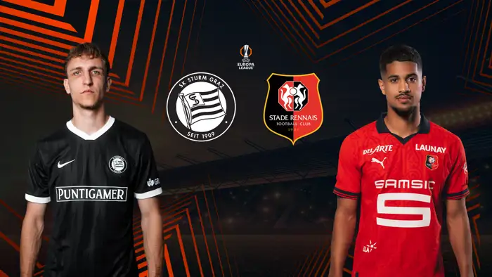 UEFA Europa League Grafik mit den Spielern von Sturm Graz und Stade Rennes vor UEL Hintergrund.