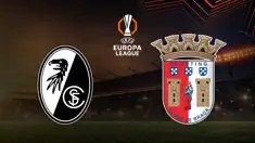 Teamlogos von SC Freiburg und SC Braga vor dynamischen mit UEL mit UEFA Europa League Logo mittig.
