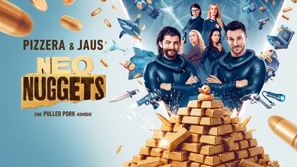 Neo Nuggets Keyart mit Paul Pizzera und Otto Jaus vor einem Stapel Goldbarren
