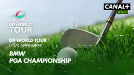 DP World Tour Grafik, auf einem Rasen wird ein Golfball geschlagen
