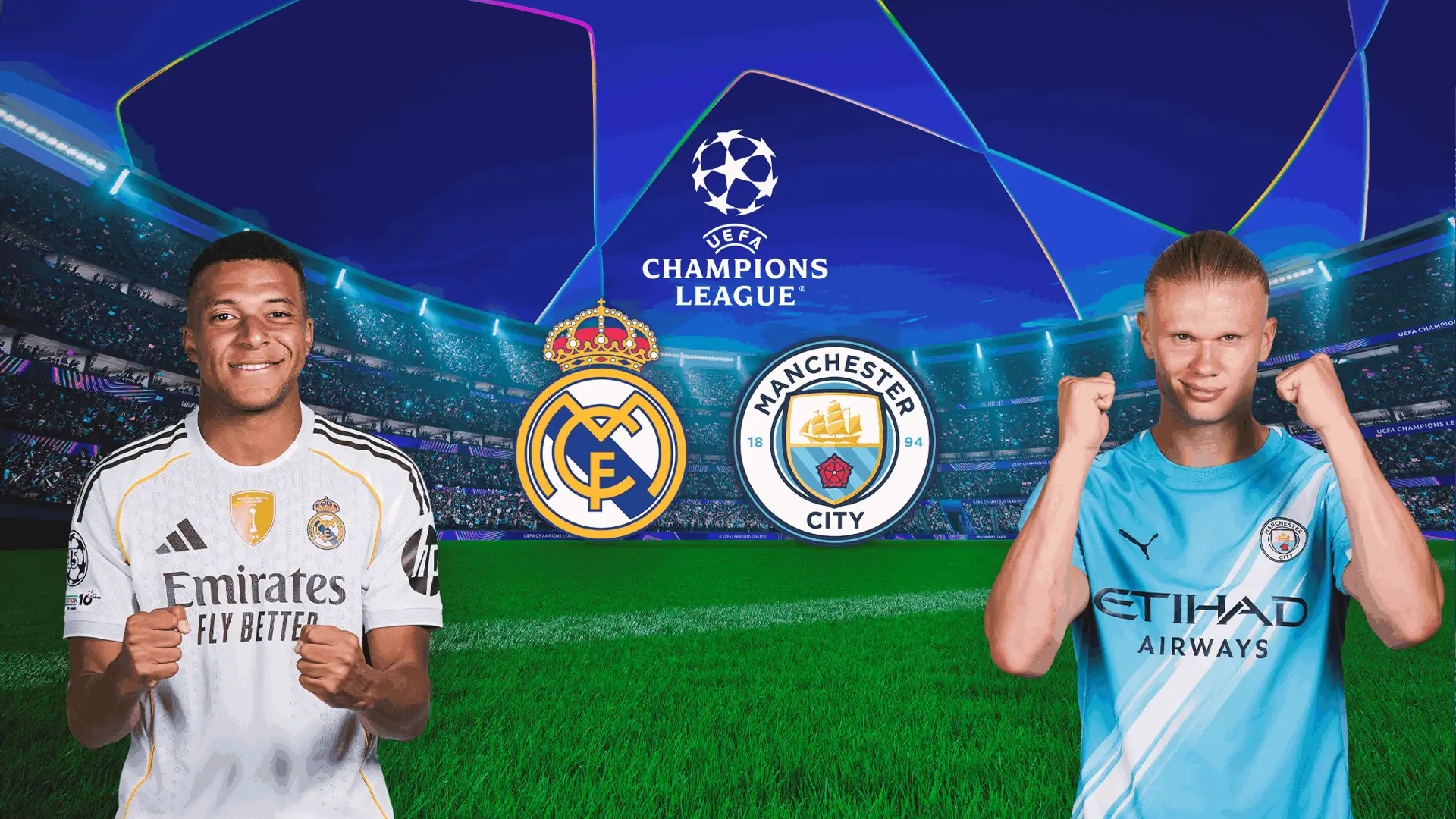 Mbappé und Haaland vor Stadionhintergrund mit Teamlogos von Real Madrid und Manchester City mittig.