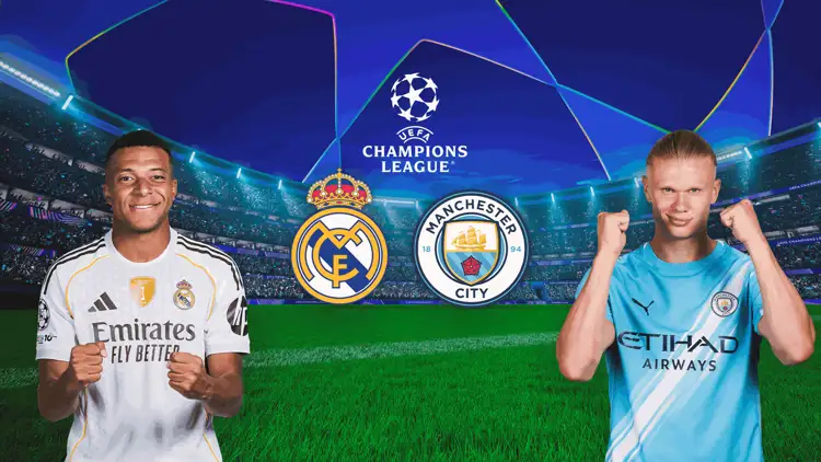 Mbappé und Haaland vor Stadionhintergrund mit Teamlogos von Real Madrid und Manchester City mittig.