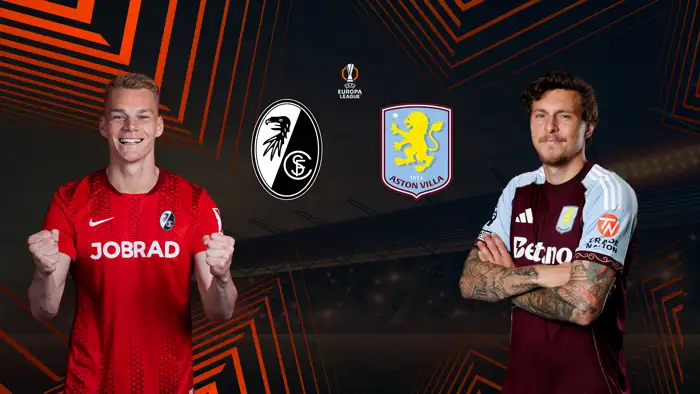 UEFA Europa League Grafik mit Spielern von SC Freiburg und Aston Villa vor schwarz-orangenem Hintergrund.