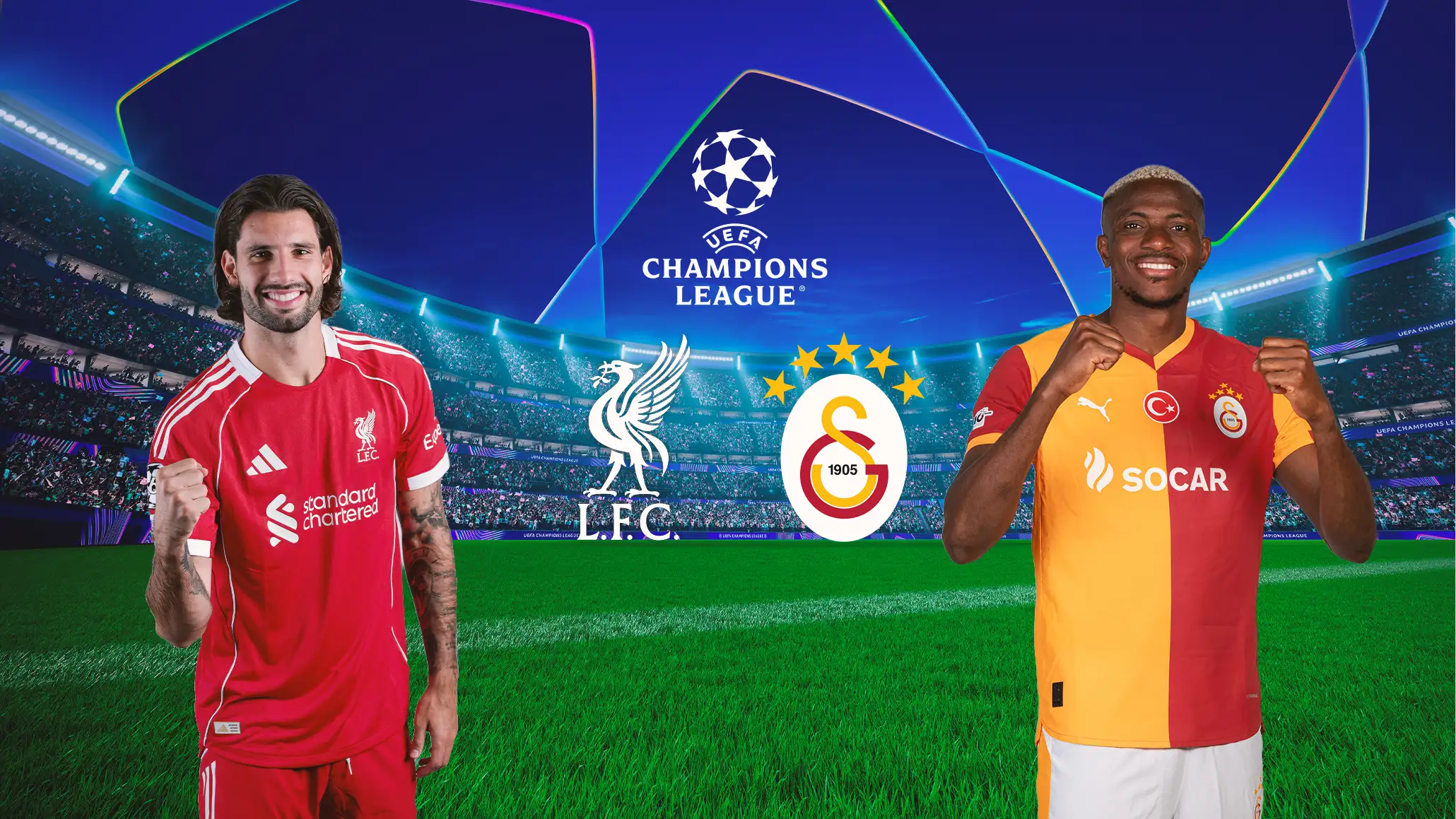 Zwei Fußballspieler von Galatasaray und Liverpool vor Stadionhintergrund mit UCL Logo.