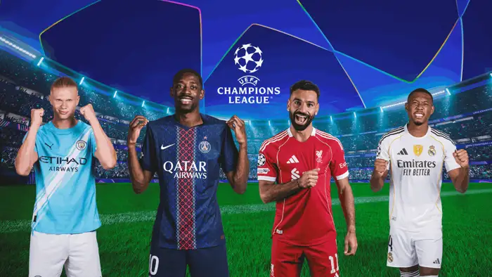 UEFA Champions League Grafik mit Spielern von vier Top‑Teams und Stadionhintergrund.