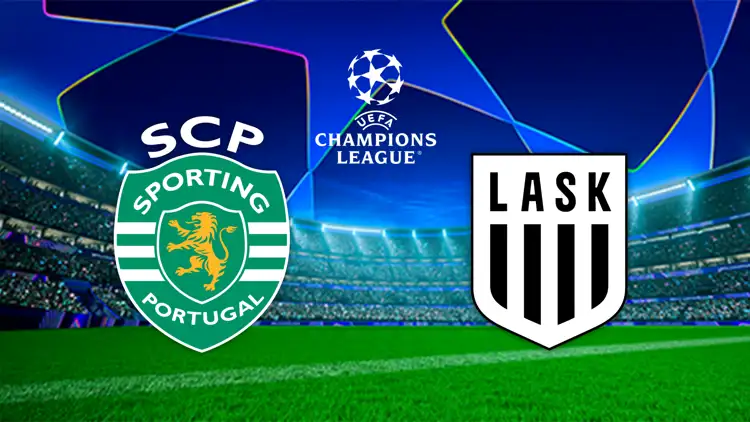 UEFA-Champions-League-Grafik mit den Vereinslogos von Sporting Lissabon und LASK vor einem Flutlichtstadion.