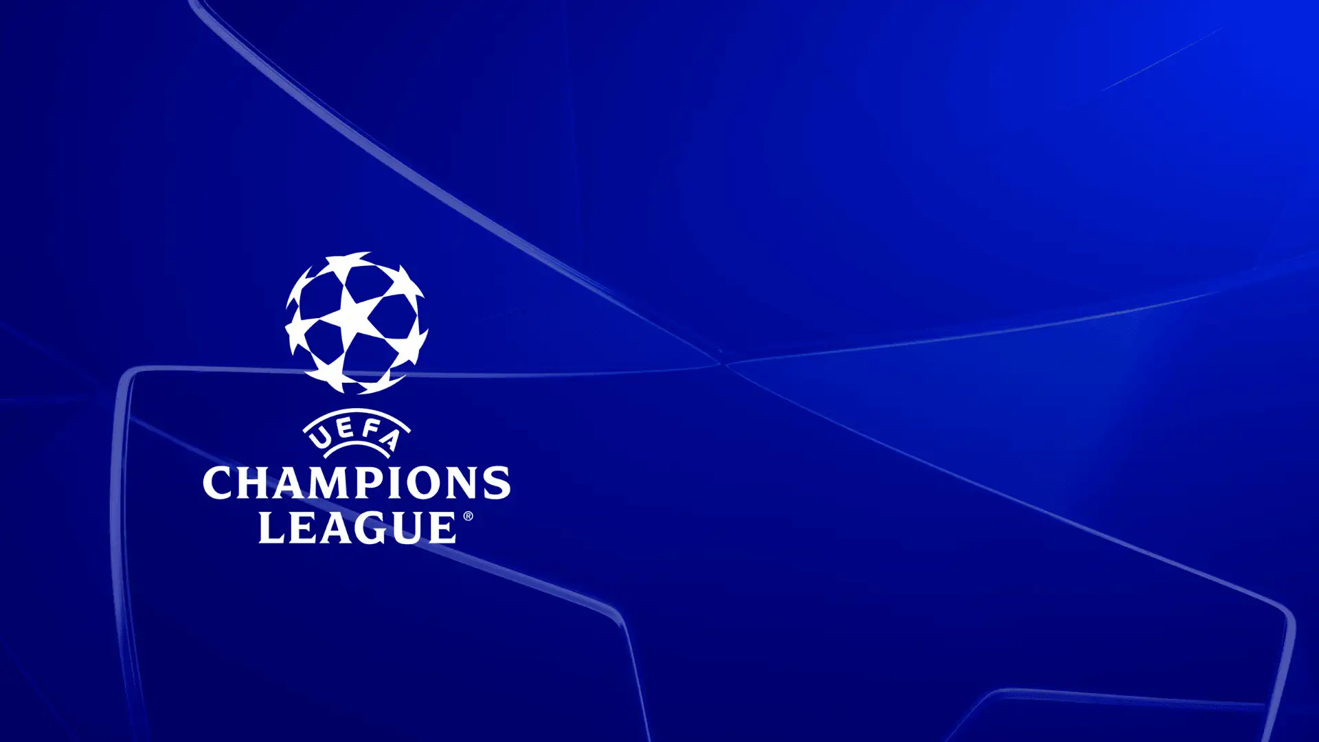 UEFA Champions League Logo mit weißem Fußball aus Sternsymbolen und farbigen Linien auf blauem Hintergrund.